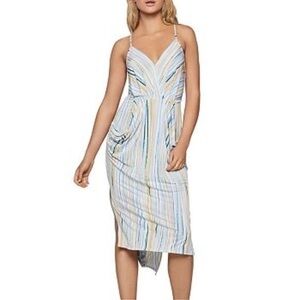 BCBGeneration Midi Dress Spaghetti Strap Draped Pockets Multi Striped Size M